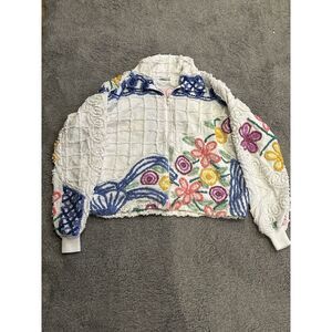 Damze Chenille Bedspread Zip Jacket With Colored Flower Pattern S/M